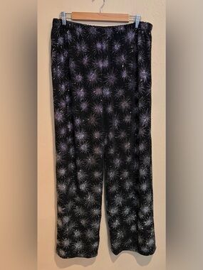 Black Slinky Wide Pants w/ Super Sparkly Silver Starbursts, Elastic Waist, NYE